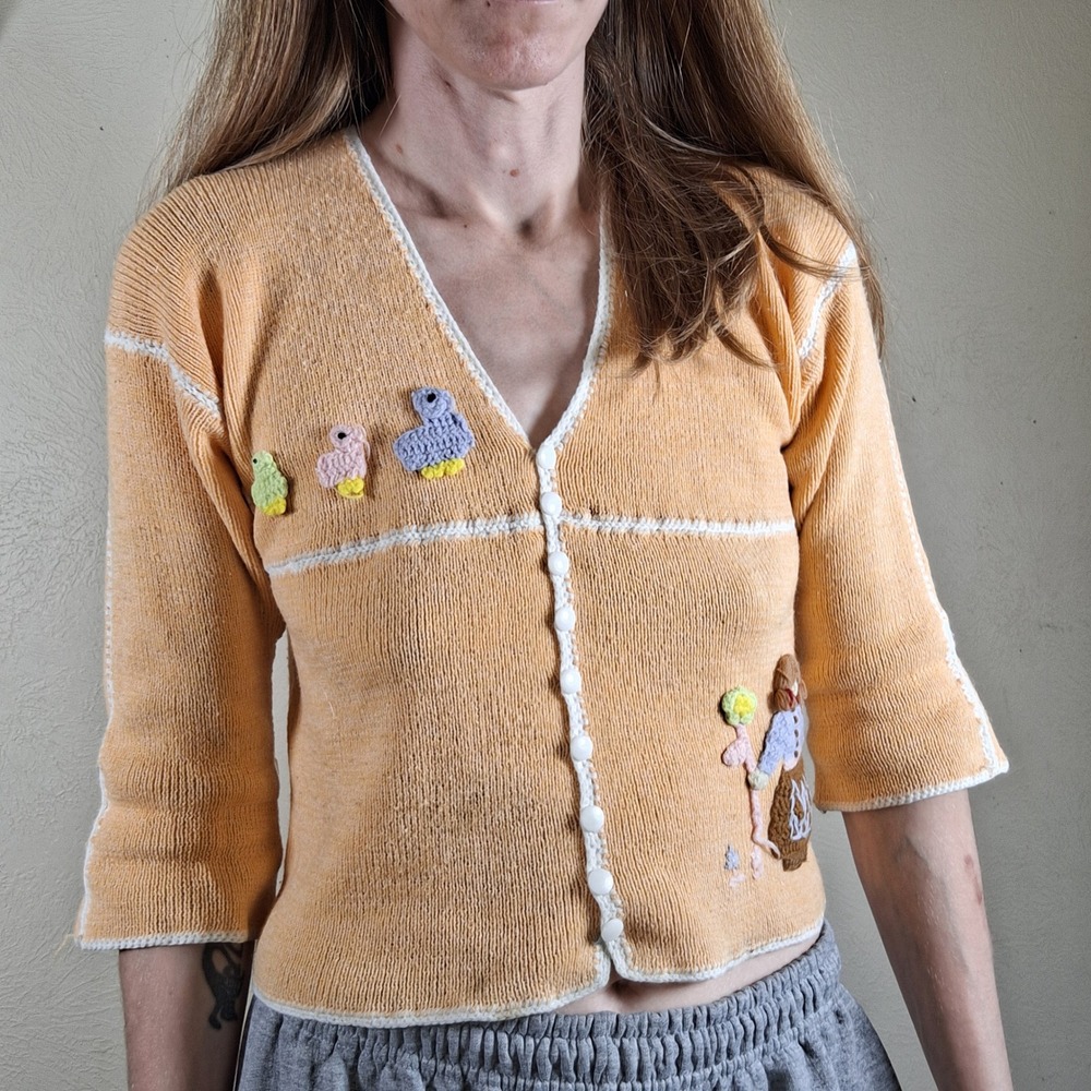 Vintage Whimsical Mini Cardigan Spring Easter Chicken Pastel Cottagecore Sweater